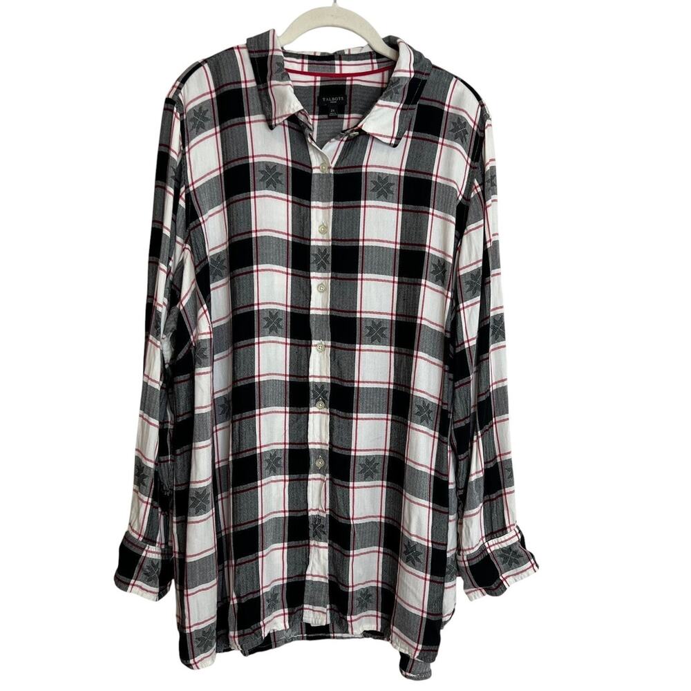 Talbots Woman Plaid Button Up Shirt 2X Black White Red Snowflakes Long Sleeve